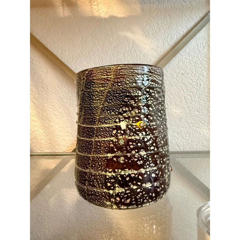 Artisan Hand Blown Milano silver Crackle Glass Vase Millefiori Floral Accents‎